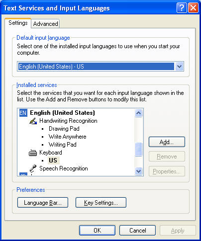 Windows Text Services and Input Languages dialog
