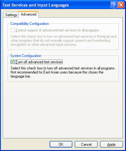 Windows Keyboard Language Advanced dialog
