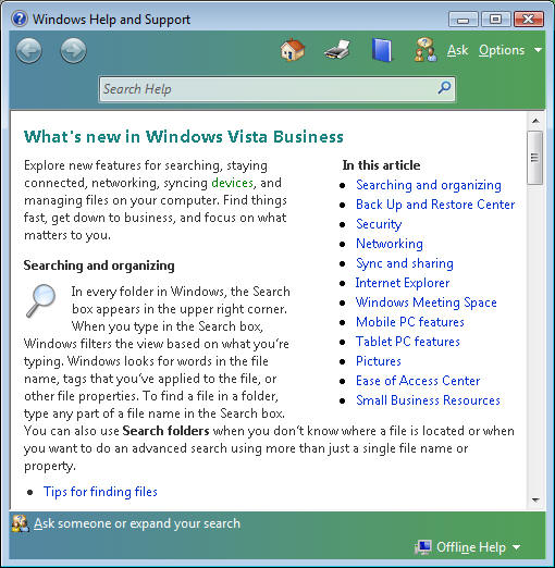 Vista Help Window